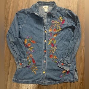 Vintage One Hanes Place Embroidered Denim Shirt Jacket Women’s M Floral Y2K